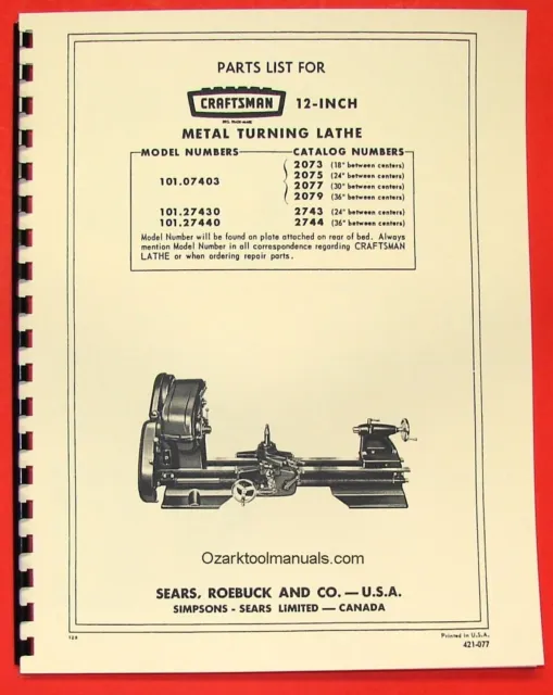 CRAFTSMAN/ATLAS 12" Metal Lathe 101.07403 101.27430 101.27440 Parts Manual  0191