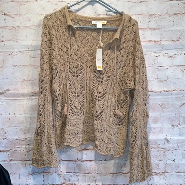 NWT CC California crochet tan pullover top long sleeve open knit bell sleeves