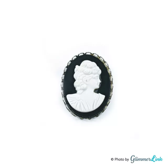 Vintage Black & White Costume Lady Silhouette Cameo Silver Tone Brooch