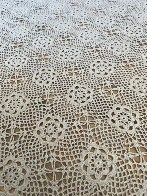 Vintage Retro Look Crocheted Square Beige Tablecloth (approx 116 X 122cm)
