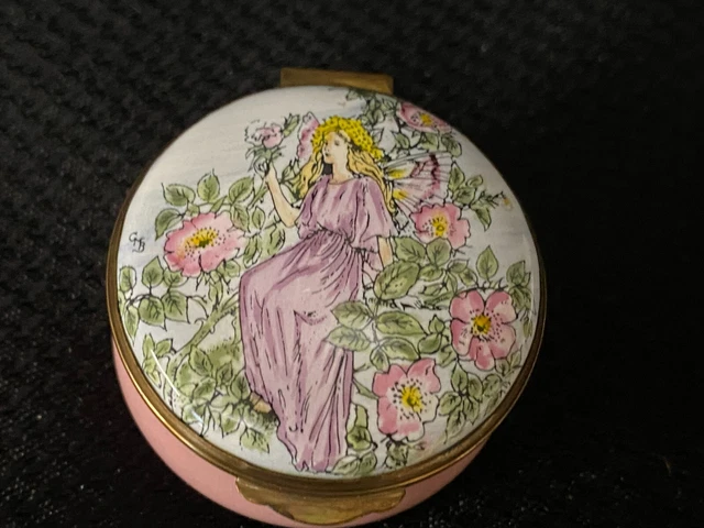 Crummles Enamel Trinket Box ~ "FLOWER FAIRY/PINK FLORAL" ~ England Round 1 3/4" Crummles Enamel Trinket Box ~ "FLOWER FAIRY/PINK FLORAL" ~ England Round 1 3/4"