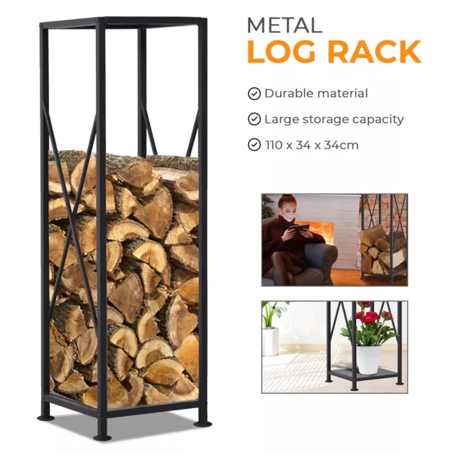 Large Black Firewood Log Rack Storage Holder Metal Shelf Stand Tall Steel -110cm