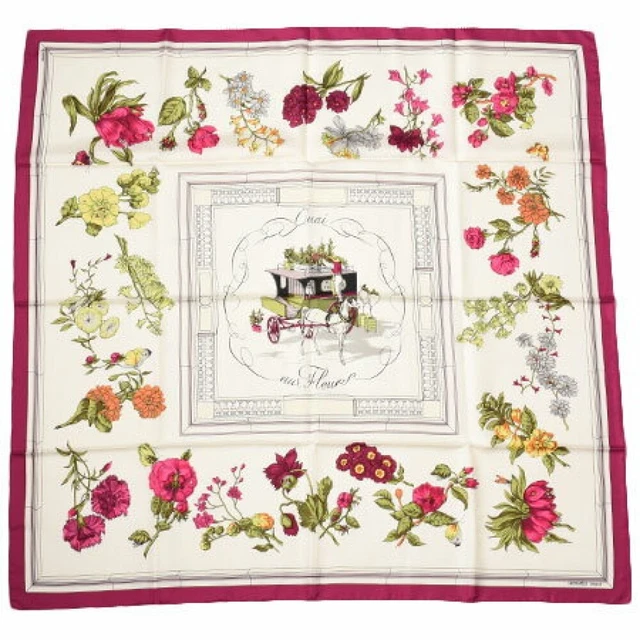 HERMES Scarf Carre 90 OUAI AUX FLEURS White Bordeaux Multi w/Box Auth R6098 HERMES Scarf Carre 90 OUAI AUX FLEURS White Bordeaux Multi w/Box Auth R6098