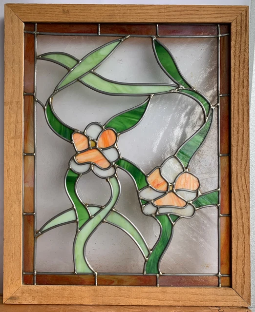 Stained Glass Window Framed 18.5" x 23.5 Floral and Leaves Leaded