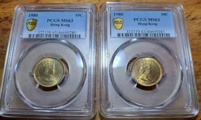 hong kong 10 cents 1980 PCGS MS 63 lof of 2(4)
