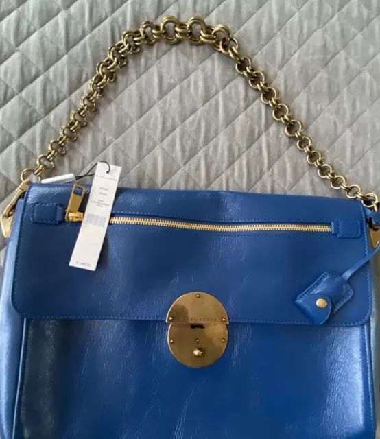 MARC JACOBS “Gotham” Blue W/ Antique Gold Shoulder Bag Made in Italy $1,950 NWT