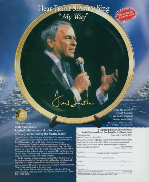 1997 Frank Sinatra My Way Musical Collector Plate 80th Anniversary Print Ad P2