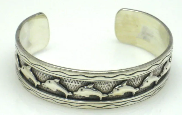 DARLING DANCING OCEAN DOLPHINS Sterling Silver Cuff Bracelet Stamped .925 N112-E