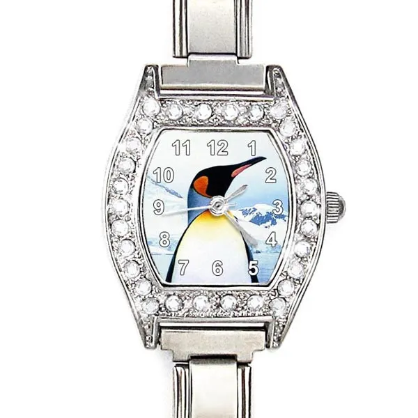 Emperor Penguin CZ Ladies Stainless Steel Italian Charms Bracelet Watch BJ1169