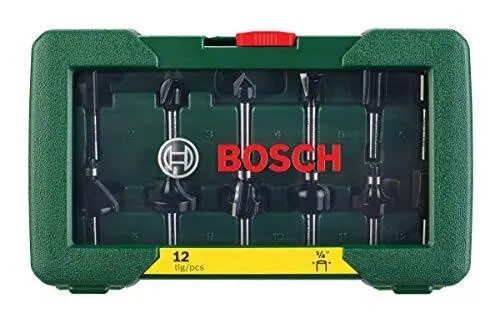 Bosch 12-Piece Hard Metal Router Bit Set (for Wood, Shank Ã˜ 1/4", Black/Silver)