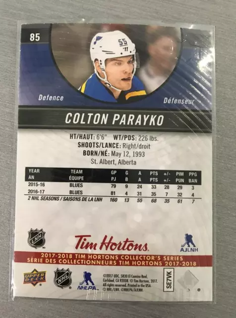 Colton Parayko # 85 Upper Deck Tim Hortons 2017-18 2