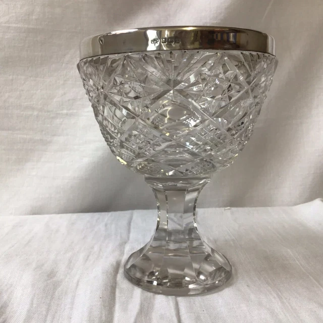 1916 Solid Silver Rim Cut Glass Pedestal Comport Fruit Bowl By Jones & Crompton