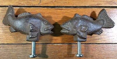 2 FISH Cast Iron Antique Style RUSTIC Handle Knob Pull Door Drawer Fishing