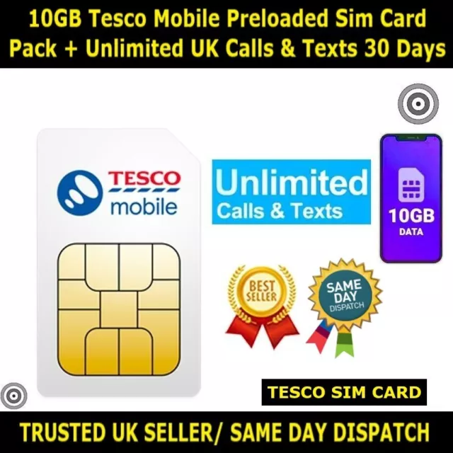 10GB Tesco Mobile Preloaded Sim Card Pack + Unlimited UK Calls & Texts 30 Days