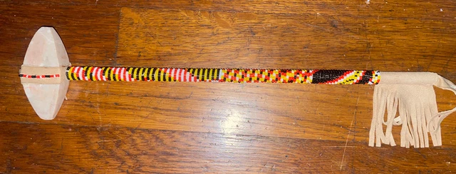 Unusual Vintage Antique Souvenir Native American Beaded Leather Stone War Club