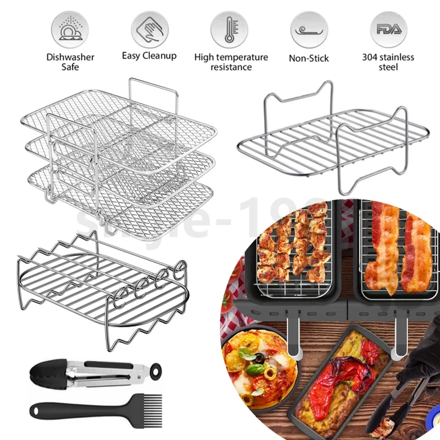 AIR FRYER RACK Stainless Steel Double Basket Grill Oil Brush Clips for