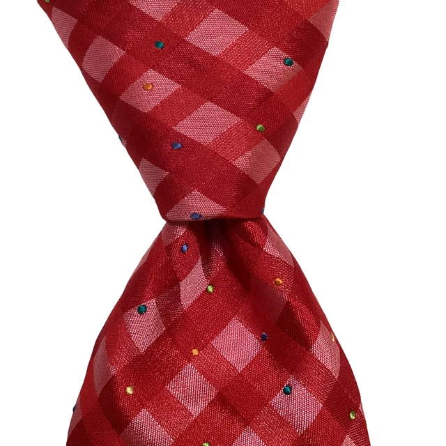 DAVID DONAHUE Men's Silk Necktie USA Woven Luxury CHECKS POLKA DOT Red/Pink EUC