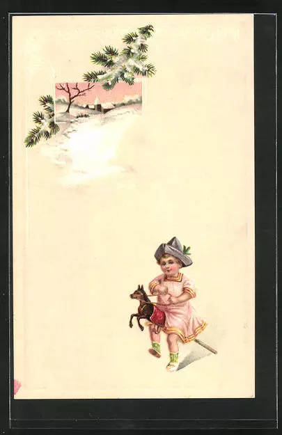 Künstler-AK Kind mit Papierhut und Steckenpferd
