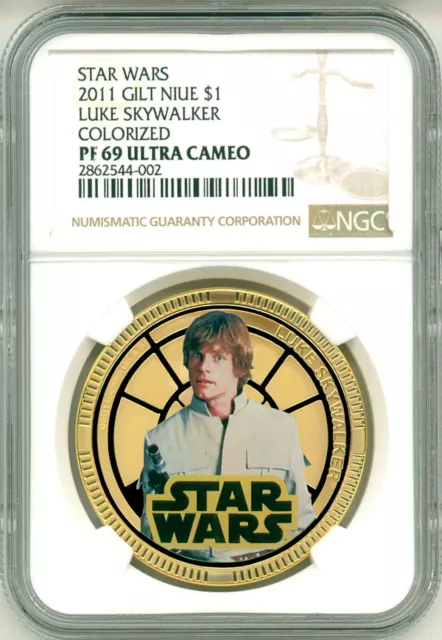 2011 Niue $1 Star Wars Gilt Luke Skywalker Silvered Colorized NGC PF69 Ultra Cam