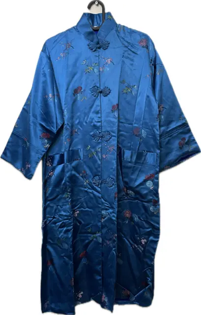 Vintage silk kimono robe blue embroidered floral Chinese 60s 70s size 10 38