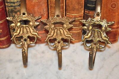 One Antique French Brass Large Double Coat Hat Hook Cherubs Crown