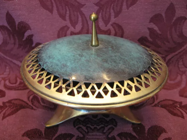 Oppenheim Footed Metal and Green Enamel Bowl w/Lid - Handmade in Israel - Nice!