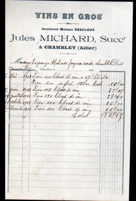CHAMBLET (03) VINS en gros "DECLOUX / Jules MICHARD Succ" en 1908