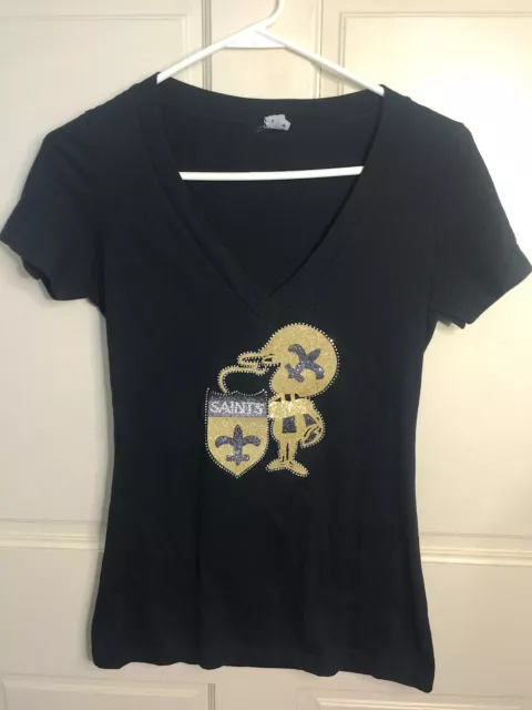 New Orleans Saints black V-neck t-shirt with glitter applique 'Sir Saint' mascot