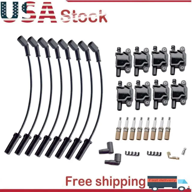 8 Pack Square Ignition Coil & Spark Plug Wire For Chevy GMC 4.8L 5.3L 6.0L V8