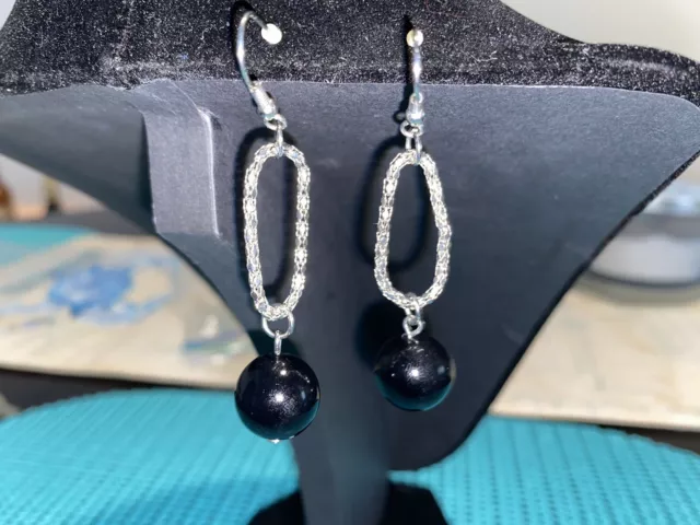 Black Ball And Silver Dangly Earrings