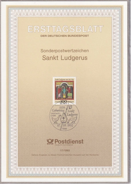 Ersttagsblatt ETB 17/1992 - "1250. Geburtstag von Sankt Ludgerus" - Stempel Bonn