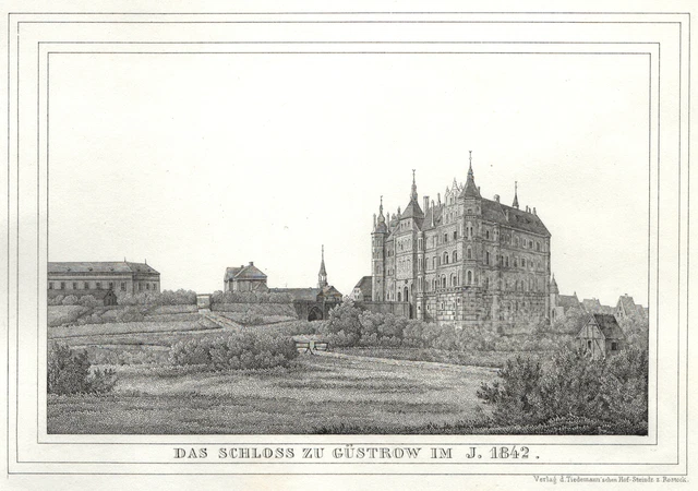 Güstrow Meckl. Castillo Original Litografía Tiedemann 1845