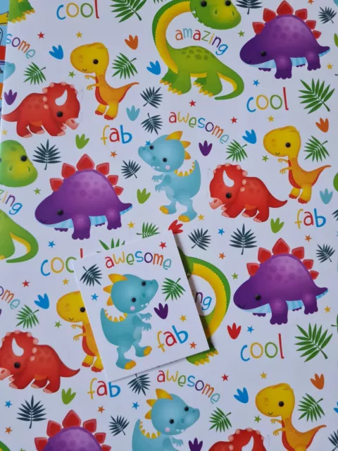 5 Sheets Of Boys/Children's Dinosaur Birthday Wrapping Paper + 5 Gift Tags