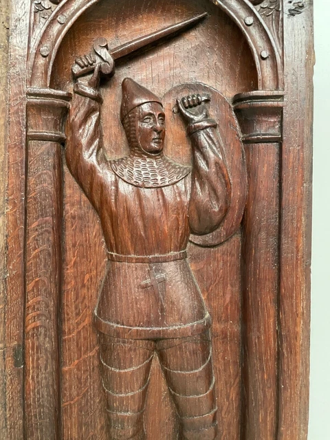 Stunning Gothic Revival Saint George & the Dragon panel / Knight in oak 3
