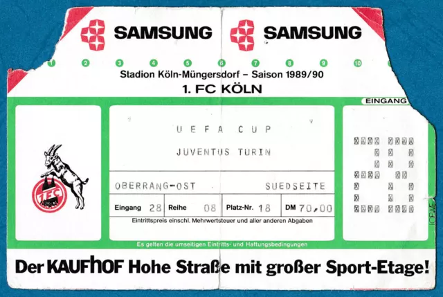 TICKET 1.FC Köln - Juventus Turin 1989-90 HALBFINALE UEFA Pokal Italien Deutschland