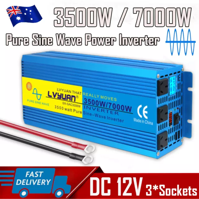 Pure Sine Wave Inverter 3500W 7000W DC 12V to AC 240V RV Converter 3*Sockets Kit