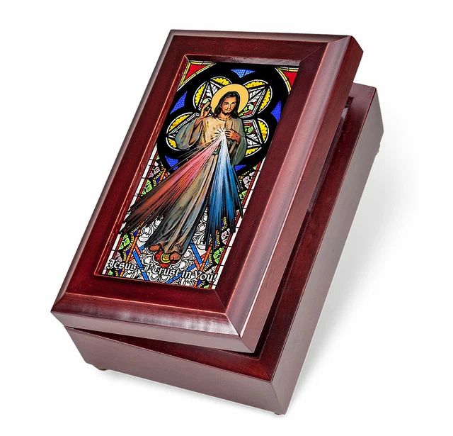 WOODEN MUSIC BOX WITH Divine Mercy STAINED GLASS LID 685-123 £42.70