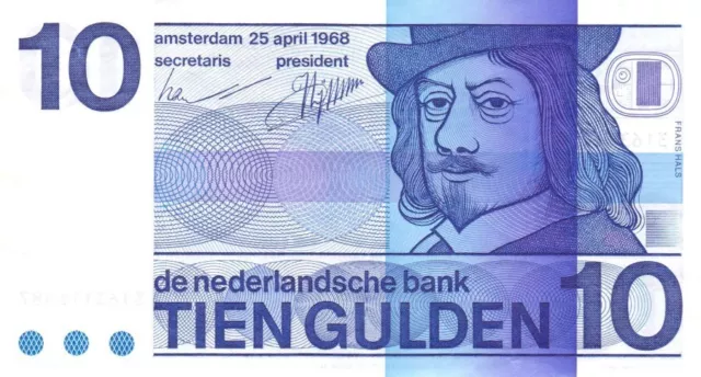 #Kingdom of Netherlands 10 Gulden 1968 P-91 aUNC Frans Hals