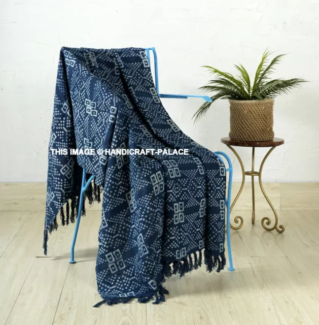 Indisch Hand Blockdruck Indigo Überwurf Schlamm Tuch Sofa Decke Handmade Bett