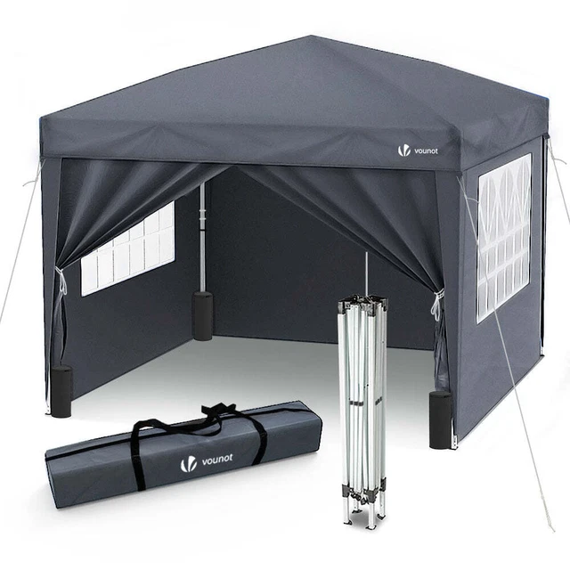 VOUNOT Pavillon 3x3m mit 4 Seitenteilen, Sandsäcke & Tasche, Faltpavillon Grau