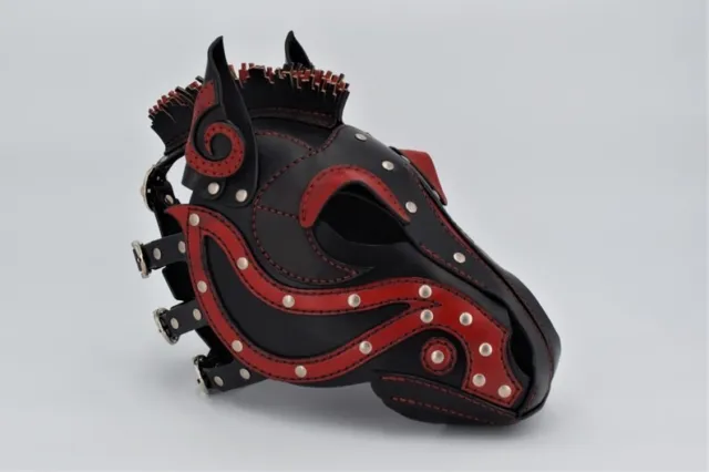 Horse genuine  leather mask Leather Pony Hood “Black And Red” Edition ponyplay