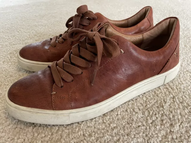 Frye Cognac Brown Leather Lace Up Low Top Sneakers Shoes Women's Size 8.5