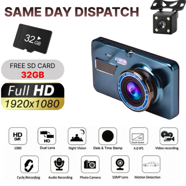 1080P HD Car DVR Dash Cam Video Camera Front Rear Dual Lens Recorder + 32GB SD