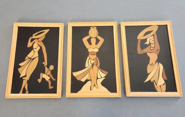 Vintage Set Of 3 African Wood Veneer Craft Native Pictures Wall Decor