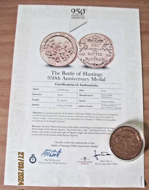 Battle of Hastings 950th anniversary commemorative medal bronze