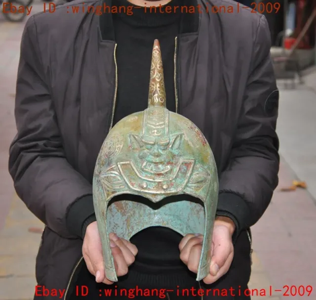 14"Old Chinese Bronze Ware silver beast head text General Soldier helmet hat cap