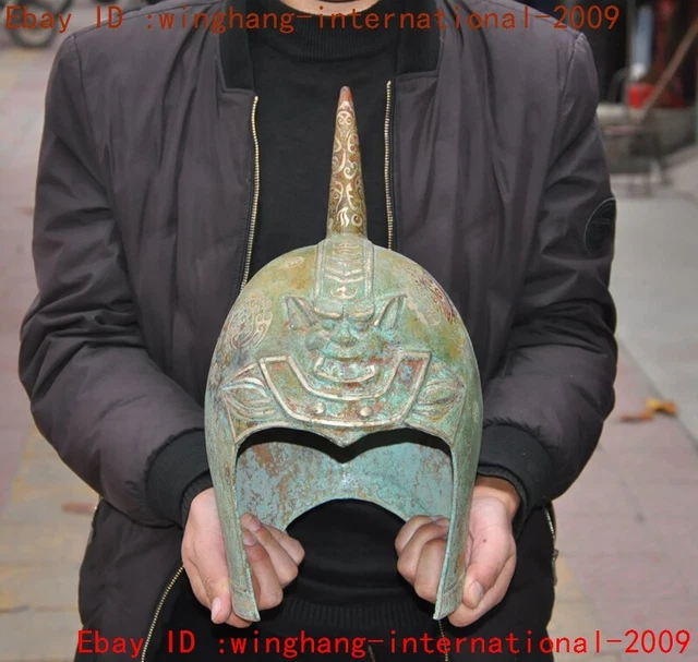 14"Old Chinese Bronze Ware silver beast head text General Soldier helmet hat cap 14"Old Chinese Bronze Ware silver beast head text General Soldier helmet hat cap