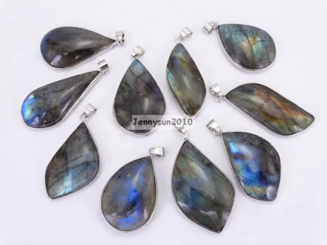 Natural Labradorite Gemstone Freeformed Reiki Chakra Pendant Charm Silver Plated