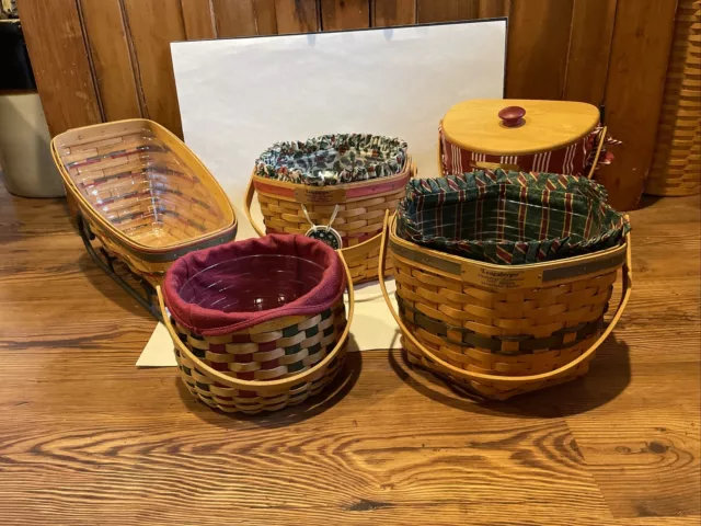 Lot of 5 Longaberger Christmas Baskets Sleigh w/Runner Red & Green Snowflake Etc