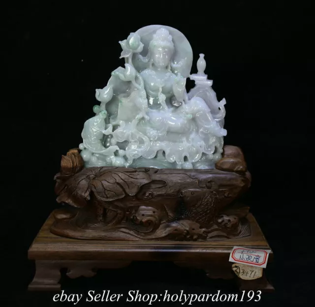 9.6" Top Chinese ice Natural Emerald Jade jadeite Carved Guan Yin Fish Statue FC